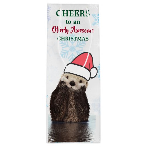 Cute Otter Wearing a Santa Hat Christmas Pun Wine Gift Bag