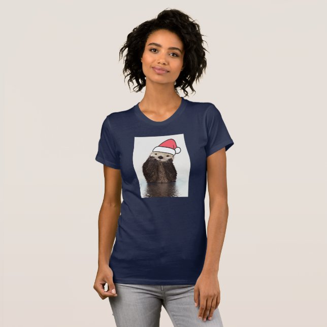 Cute Otter Wearing a Santa Hat Christmas T-Shirt (Front Full)