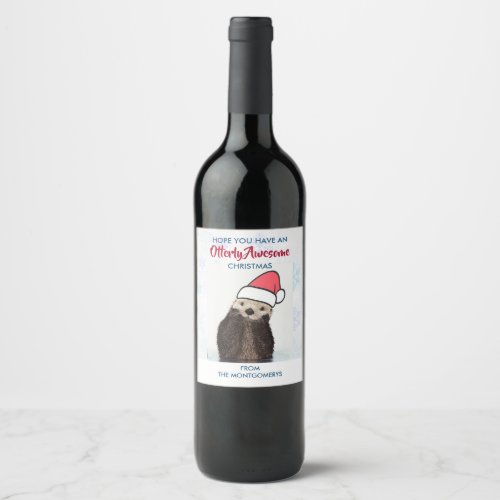 Cute Otter Wearing a Santa Hat Christmas Wine Label