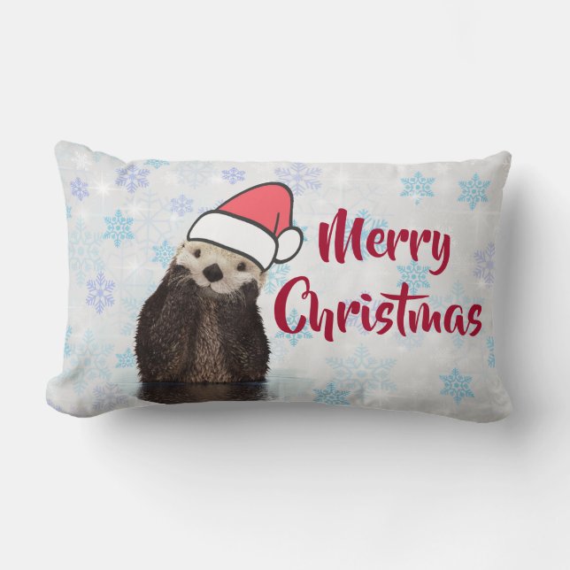 Cute Otter Wearing a Santa Hat Merry Christmas Lumbar Pillow (Front)