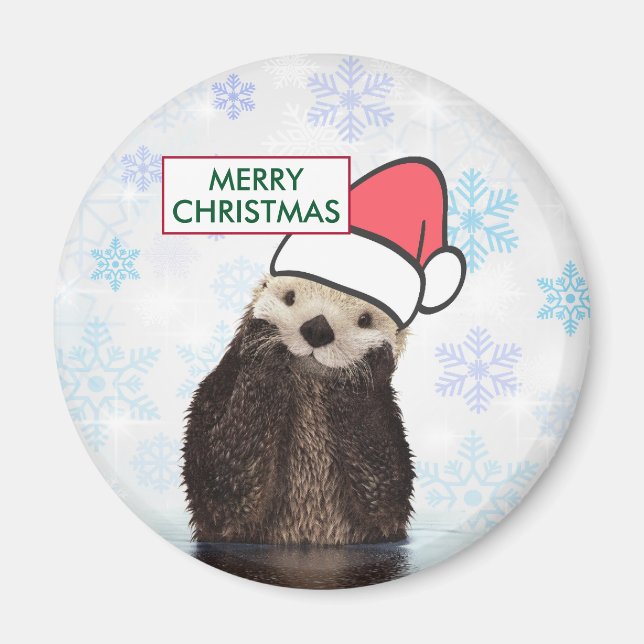 Cute Otter Wearing a Santa Hat Merry Christmas Magnet (Front)