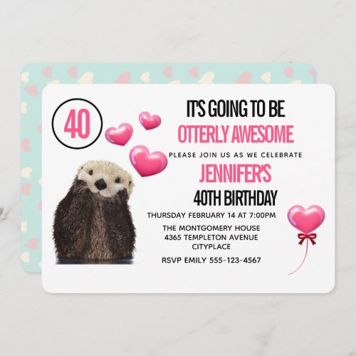 Cute Otter Wildlife with Pink Hearts Birthday Invitation