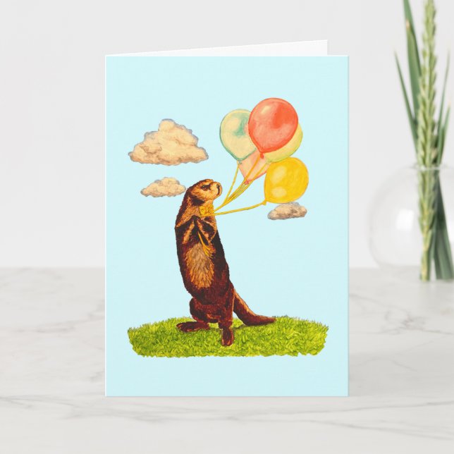 Cute Otter with Balloons Illustrated  Birthday Card (Front)