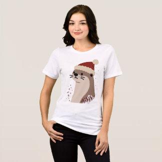 Cute otter with Christmas hat, Holiday Animal Tri-Blend Shirt