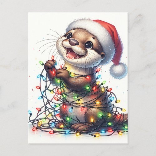 Cute Otter With Christmas Lights Postcard