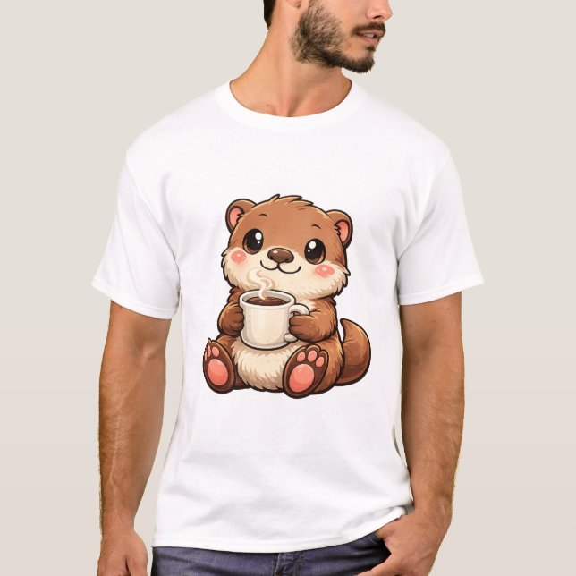 Cute Otter with Coffee – Cozy Kawaii Animal T-Shirt (Front)