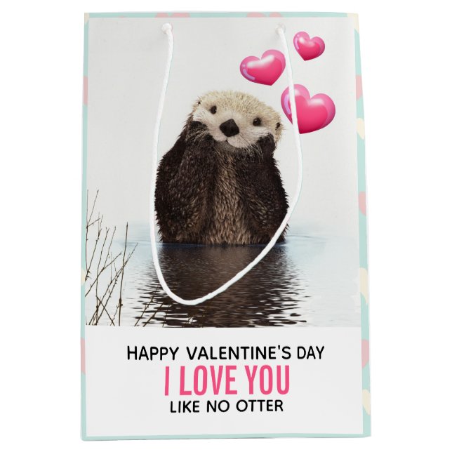 Cute Otter with Hearts Valentine's Day Humor Medium Gift Bag (Front)