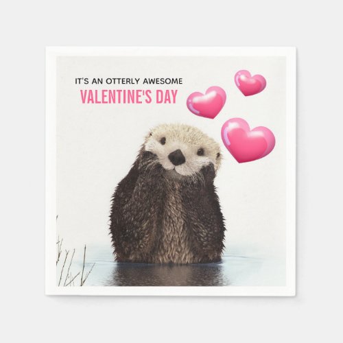 Cute Otter with Hearts Valentines Day Napkins