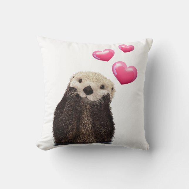 Cute Otter with Love Hearts Throw Pillow (Front)
