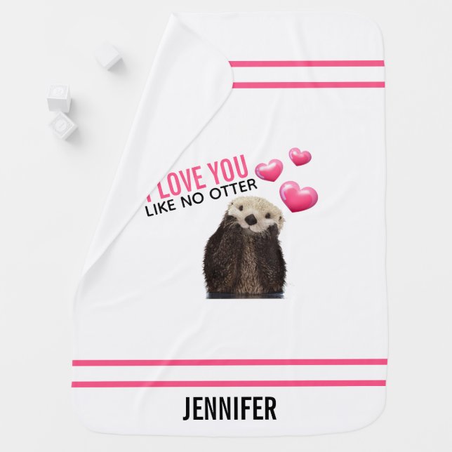 Cute Otter with Pink Hearts Love You Pun Baby Blanket (In Situ)