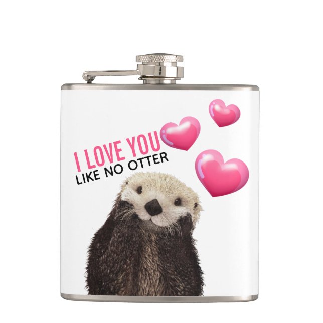 Cute Otter with Pink Hearts Love You Pun Flask (Front)