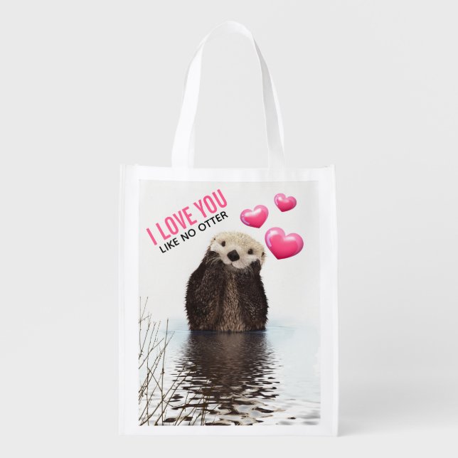 Cute Otter with Pink Hearts Love You Pun Grocery Bag (Front)