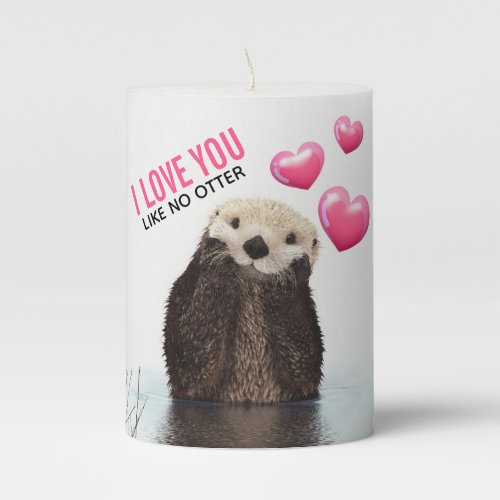 Cute Otter with Pink Hearts Love You Pun Pillar Candle