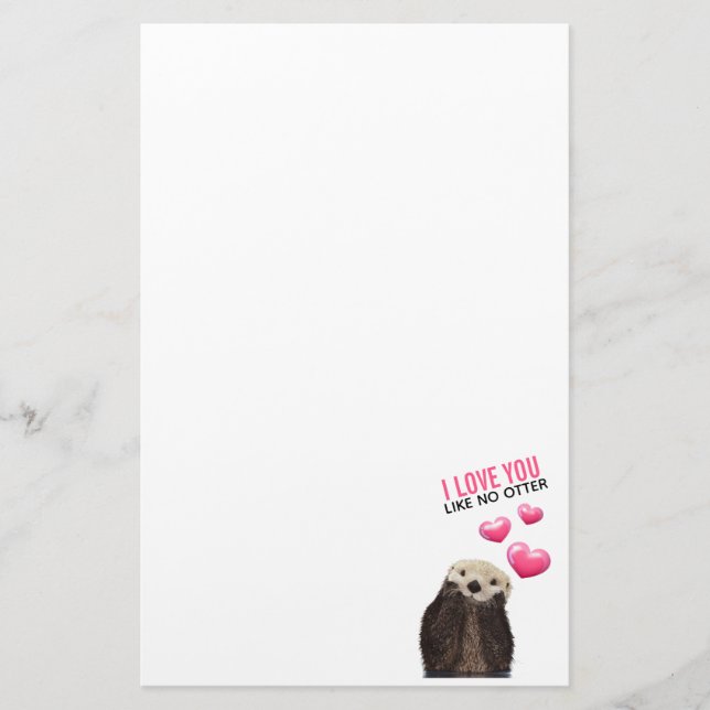 Cute Otter with Pink Hearts Love You Pun Stationery (Front)