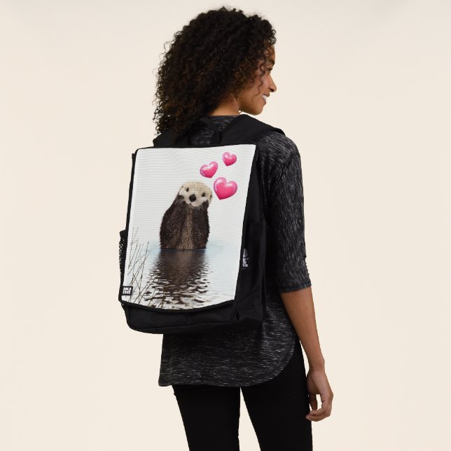 Cute Otter with Pink Love Hearts Backpack (Worn)