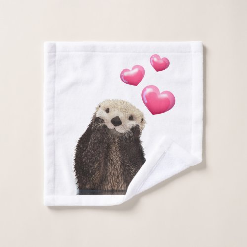 Cute Otter with Pink Love Hearts Bath Towel Set