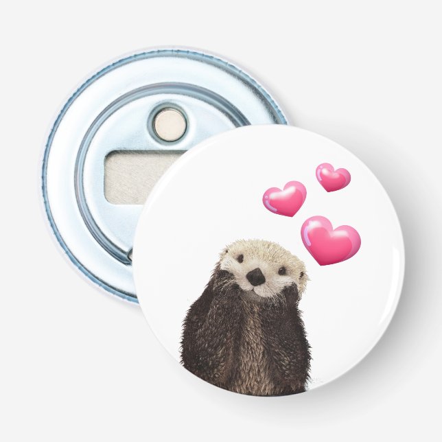 Cute Otter with Pink Love Hearts Bottle Opener (Front)