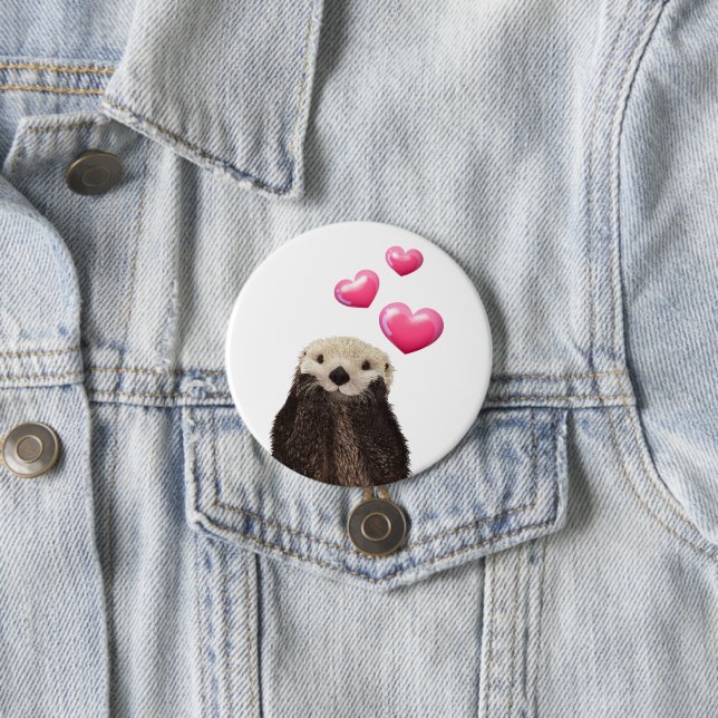 Cute Otter with Pink Love Hearts Button (In Situ)