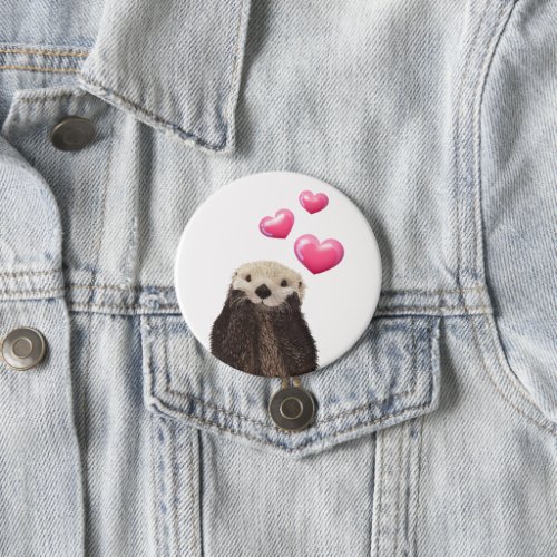 Cute Otter with Pink Love Hearts Button