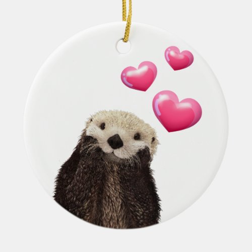 Cute Otter with Pink Love Hearts Ceramic Ornament