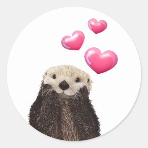Cute Otter with Pink Love Hearts Classic Round Sticker