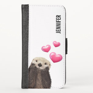Cute Otter with Pink Love Hearts iPhone X Wallet Case