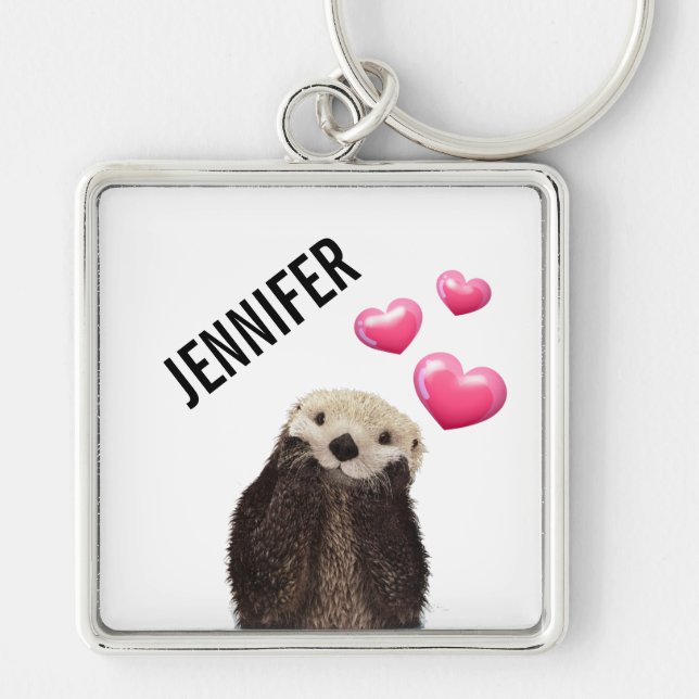 Cute Otter with Pink Love Hearts Keychain (Front)