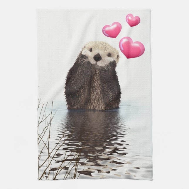 Cute Otter with Pink Love Hearts Kitchen Towel (Vertical)