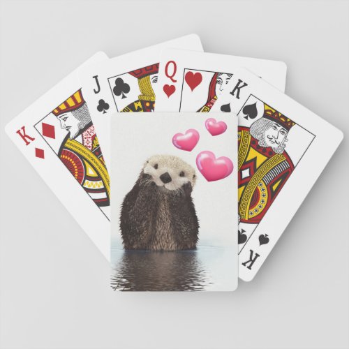 Cute Otter with Pink Love Hearts Playing Cards