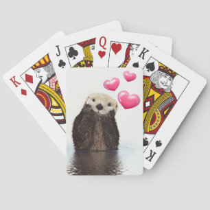 Cute Otter with Pink Love Hearts Poker Cards