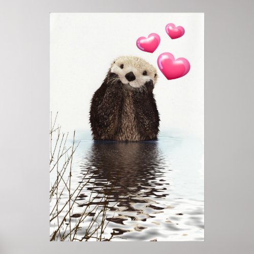 Cute Otter with Pink Love Hearts Poster