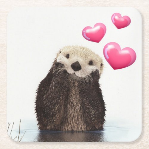 Cute Otter with Pink Love Hearts Square Paper Coaster