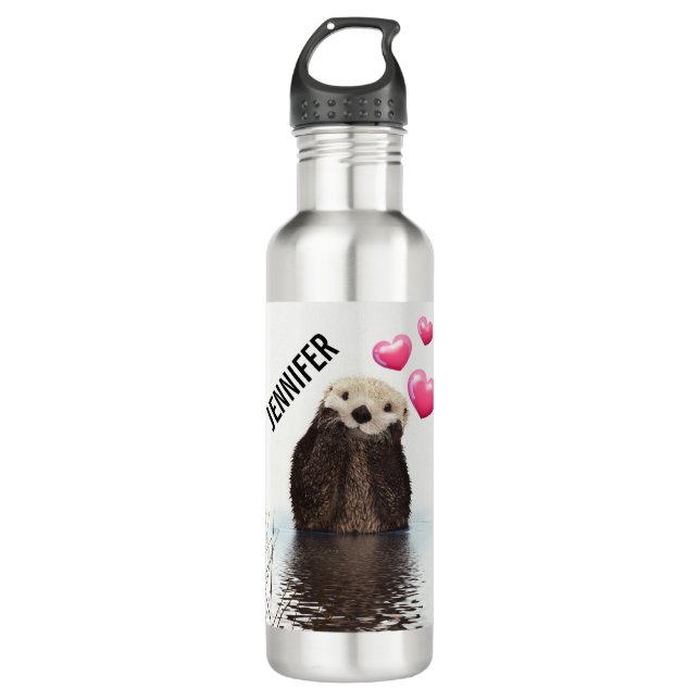 Cute Otter with Pink Love Hearts Stainless Steel Water Bottle (Front)