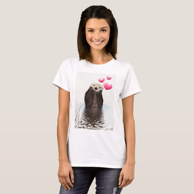 Cute Otter with Pink Love Hearts T-Shirt (Front Full)