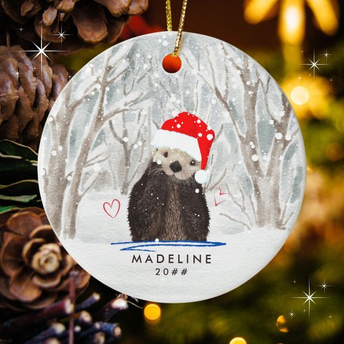 Cute Otter with Santa Hat Kids Name Ceramic Ornament