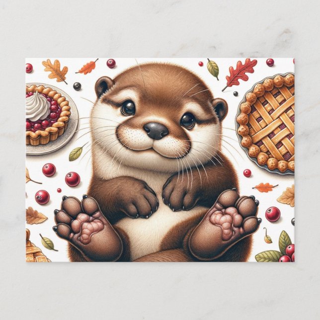 Cute Otter With Thanksgiving Food Postcard (Front)