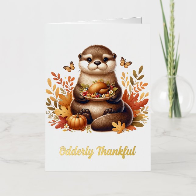 Cute Otter With Thanksgiving Foods and Butterflies Foil Greeting Card (Front)