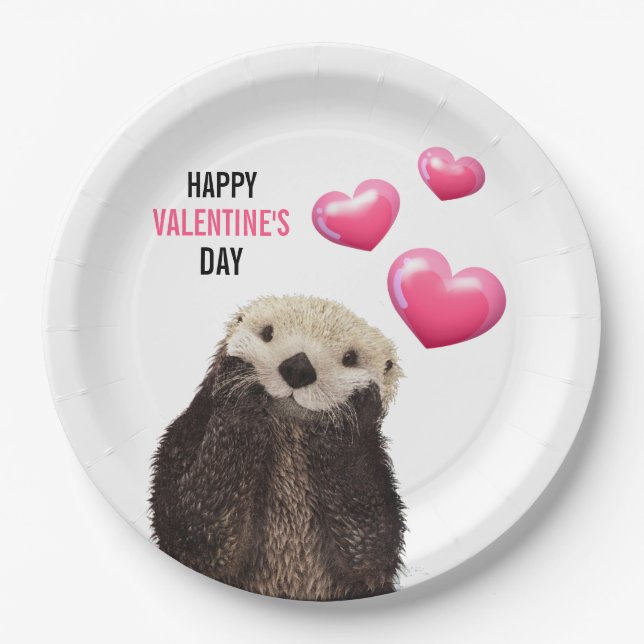 Cute Otter with Valentines Hearts Paper Plates (Front)