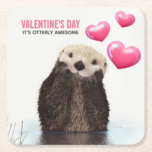 Cute Otter with Valentines Hearts Square Paper Coaster