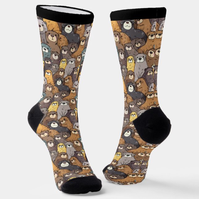 Cute Otters Collage Brown Gray and Black Socks (Angled)