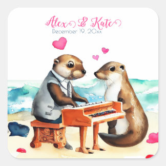 Cute Otters Couple | Romantic Wedding Square Sticker