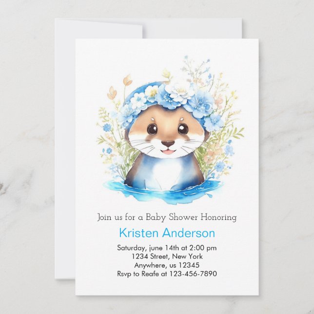 Cute Otter's Enchanted Blue Floral Boy Baby Shower Invitation (Front)