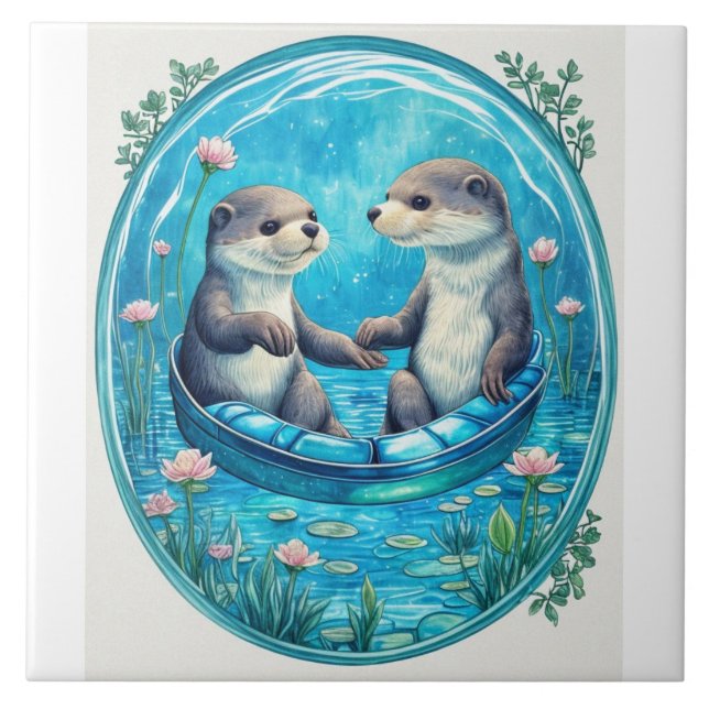 Cute otters holding hands. Blue water lily pads Ceramic Tile (Front)