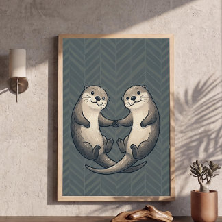 Cute Otters Holding Hands Heart Nursery Art Poster