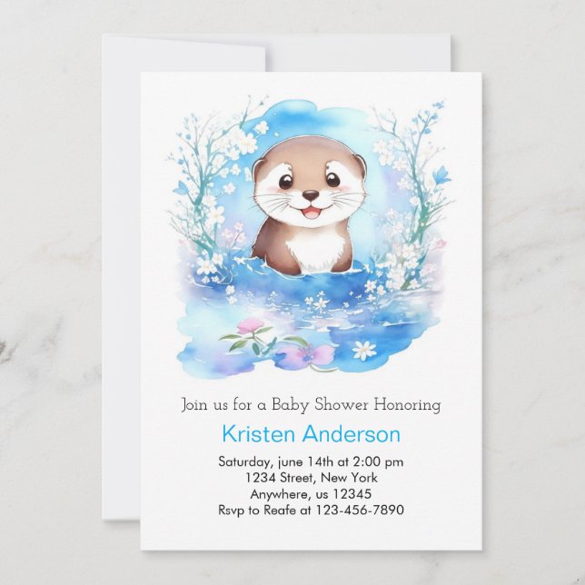 Cute Otter's Oasis Watercolor Blue Boy Baby Shower Invitation (Front)