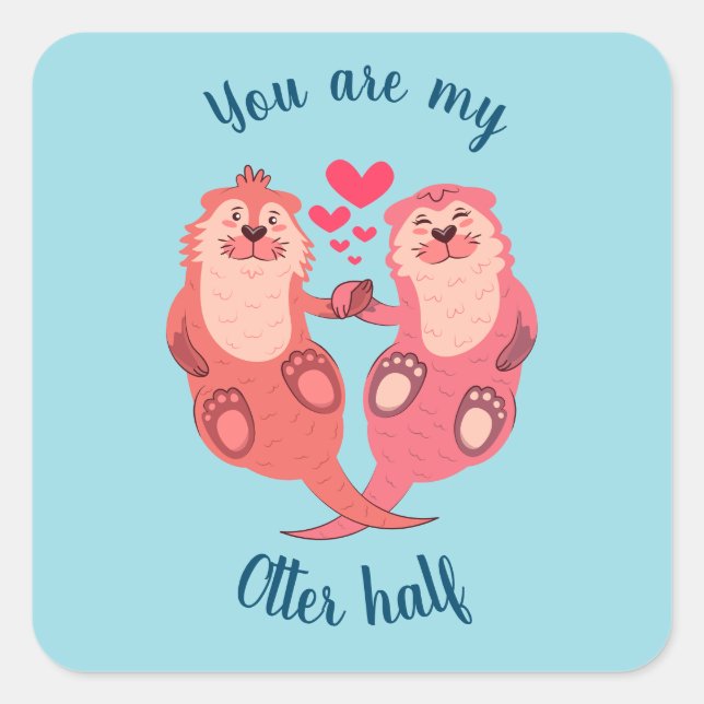 Cute Otters Valentines Day Couple Personalized Square Sticker (Front)