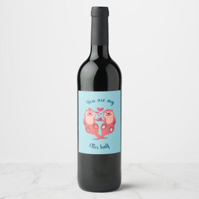 Cute Otters Valentines Day Couple Personalized Wine Label (Front)