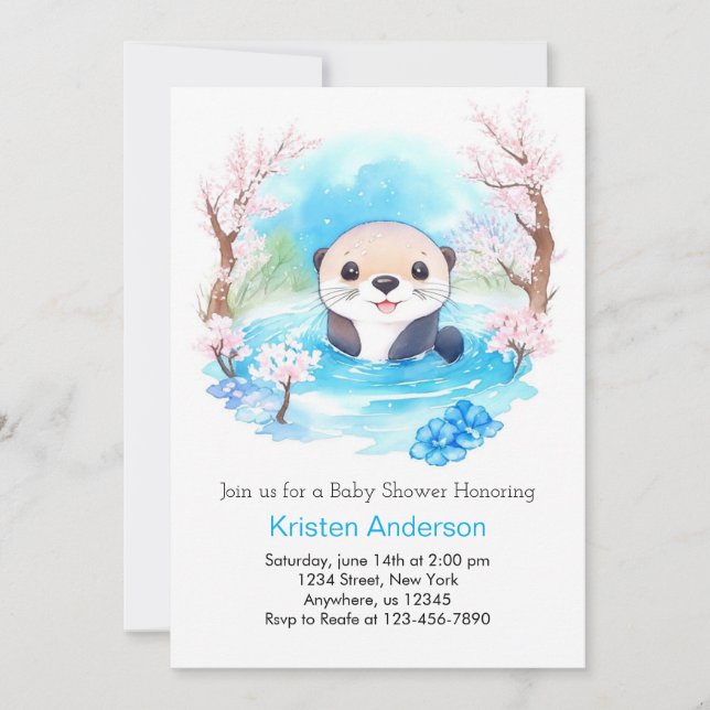 Cute Otter's Wildflower Paradise Boy Baby Shower Invitation (Front)