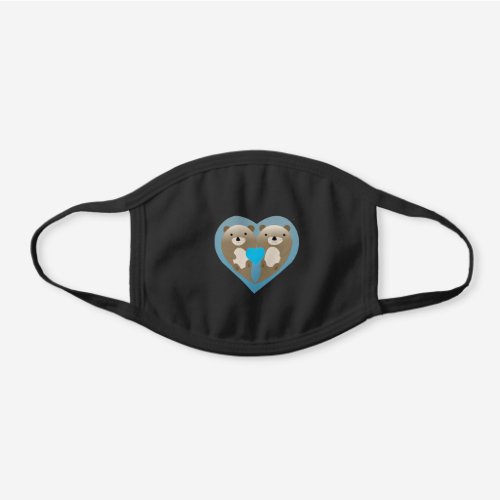 Cute Otters With a Blue Heart Background Black Cotton Face Mask