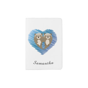 Cute Otters with Blue Heart Background Passport Holder